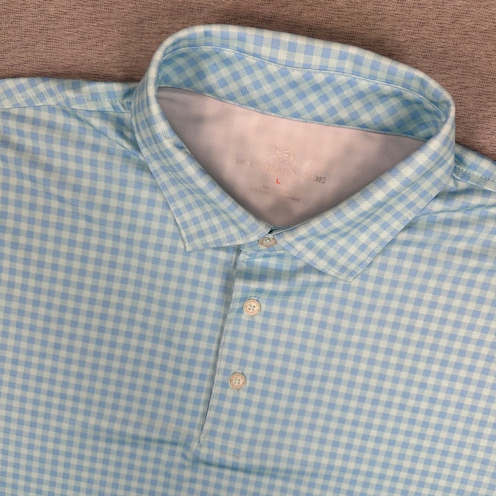 Southern Tide Polo Shirt Mens Large Blue Gingham Performance Stretch Golf Top